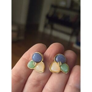 AVON Trio Earrings Cabochon Stones Pink Green Purple on Gold Tone Vintage